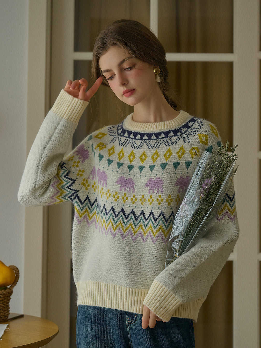 Saoirse Winter Fair Isle  Ribbed Round Neck Embroidered Pattern Sweater