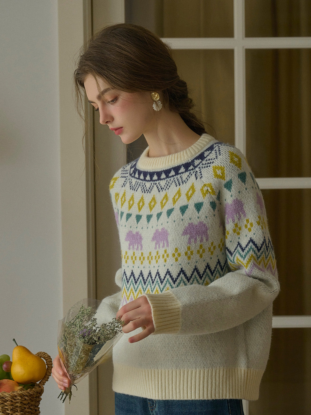 Saoirse Winter Fair Isle  Ribbed Round Neck Embroidered Pattern Sweater