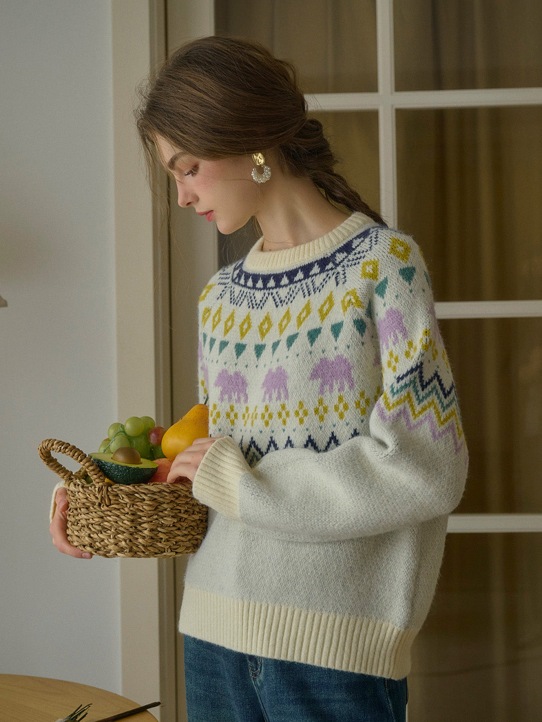 Saoirse Winter Fair Isle  Ribbed Round Neck Embroidered Pattern Sweater