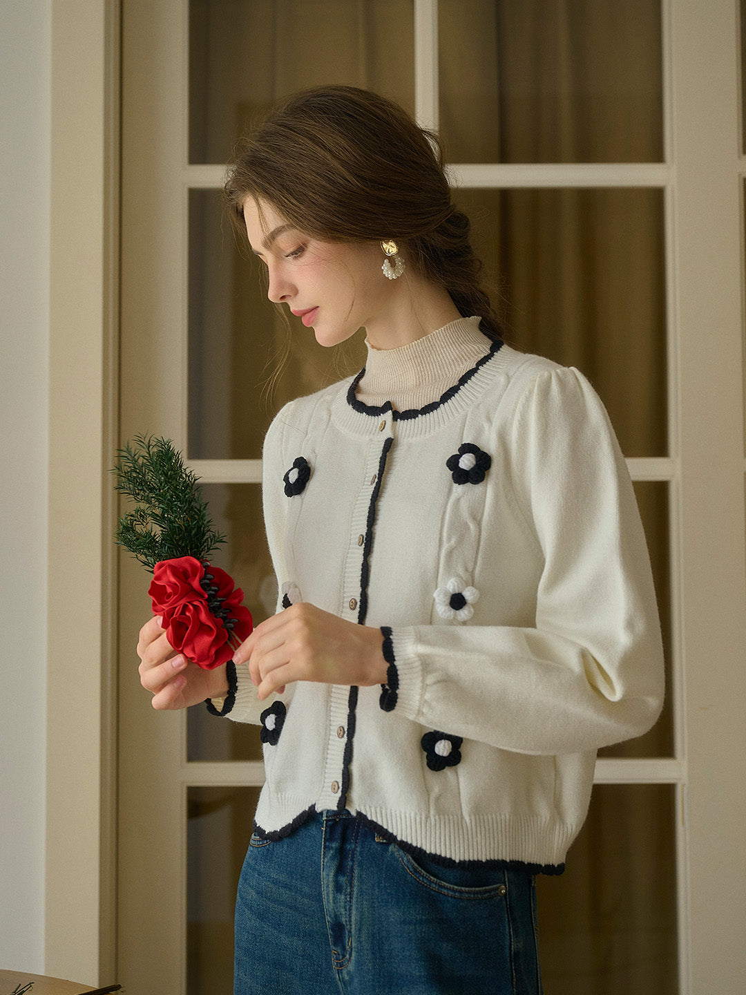 Araya Ribbed Round Neck Contrasting 3D Rose Knitted Cardigan