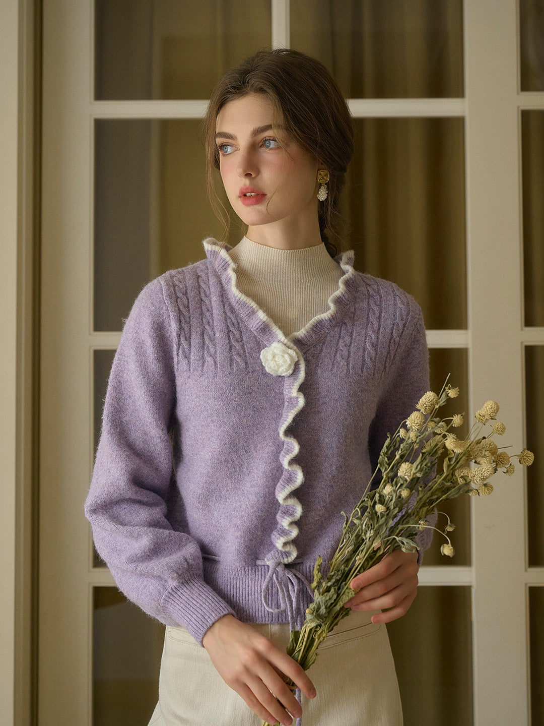 Miller Trimmed Neck Hollow 3D Flower Knitted Cardigan