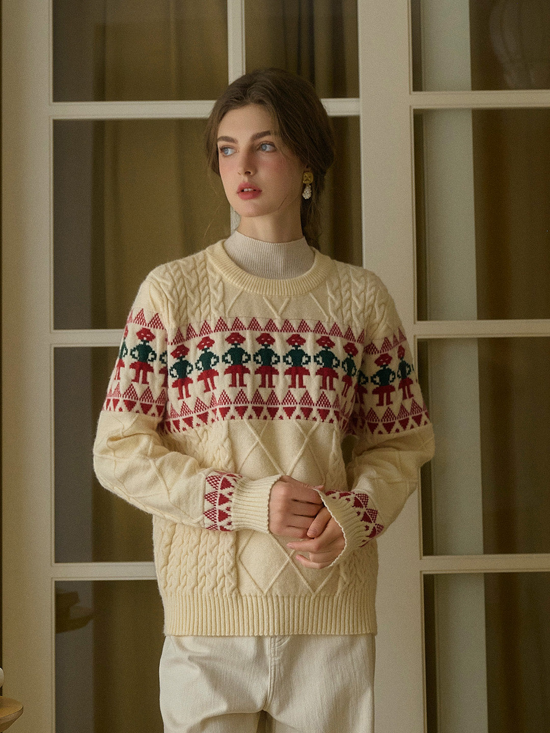 Alianna Fair Isle Ribbed Round Neck Christmas Pattern Knit Sweater