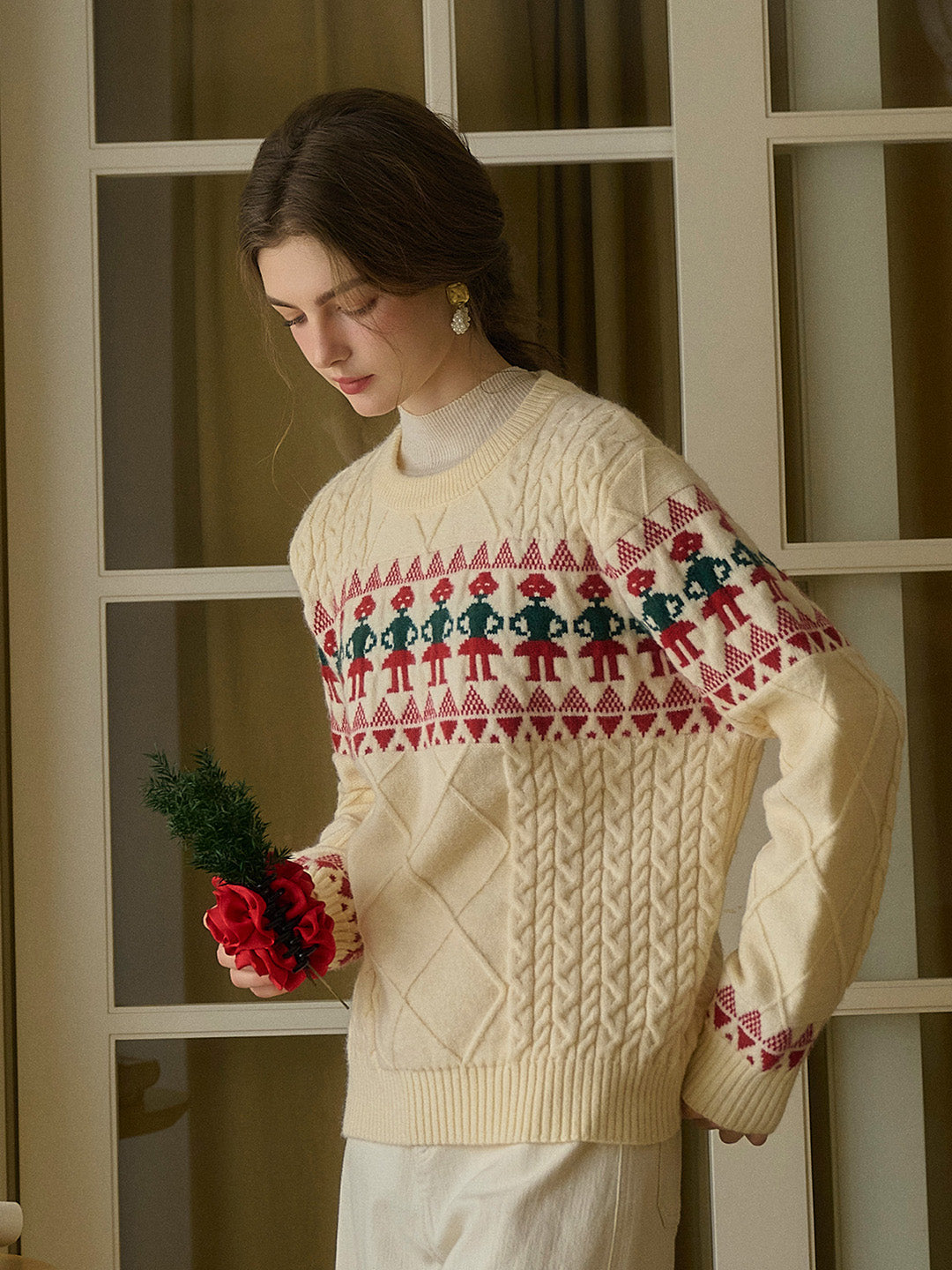 Alianna Fair Isle Ribbed Round Neck Christmas Pattern Knit Sweater