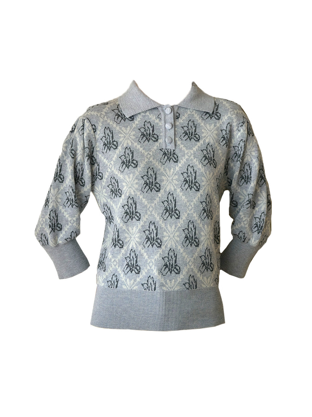 【Final Sale】Tamsin Polo Collar Floral Knit Wool Top - Gray