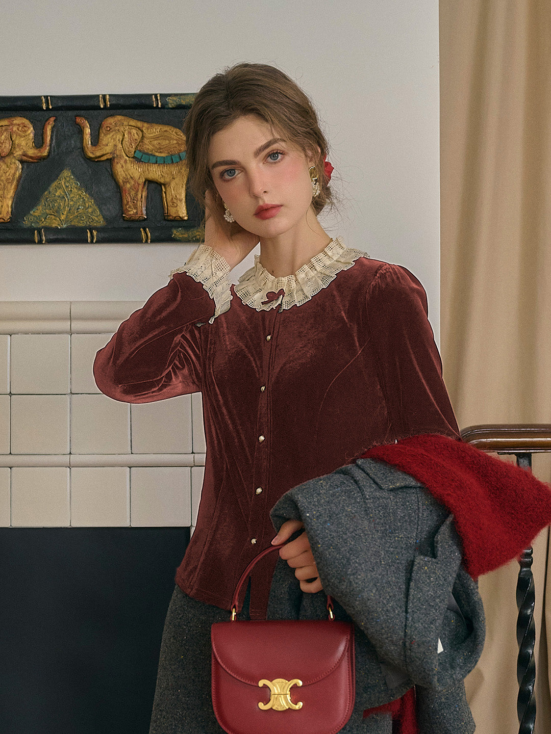 Azaria Round Collar Contrasting Lace Panel Bow Velvet Top - Red