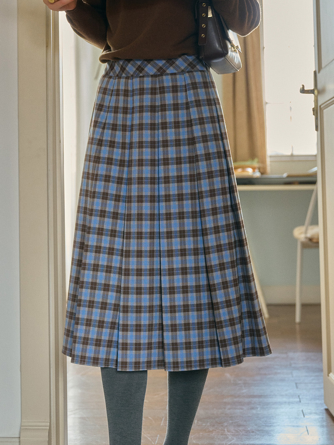 Naya Classic Artistic A-Line Blue Plaid Skirt