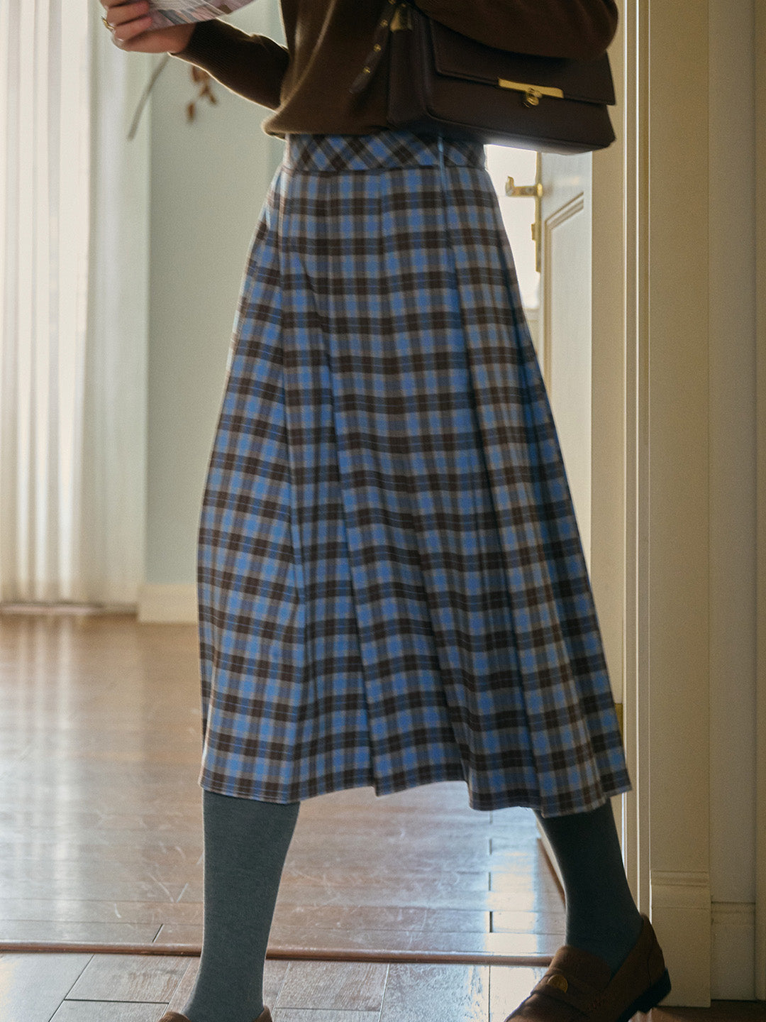 Naya Classic Artistic A-Line Blue Plaid Skirt