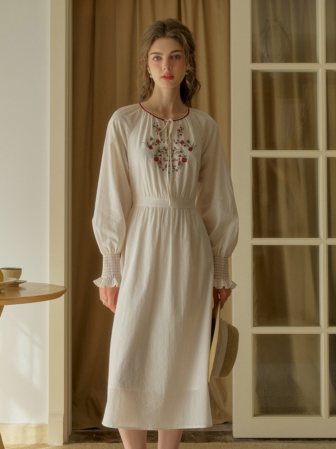 Zinnia Round Neck Rose Embroidered Dress