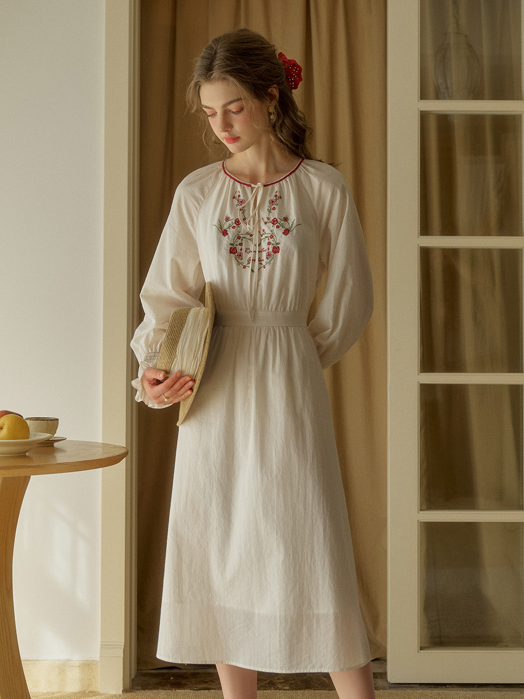 Zinnia Round Neck Rose Embroidered Dress