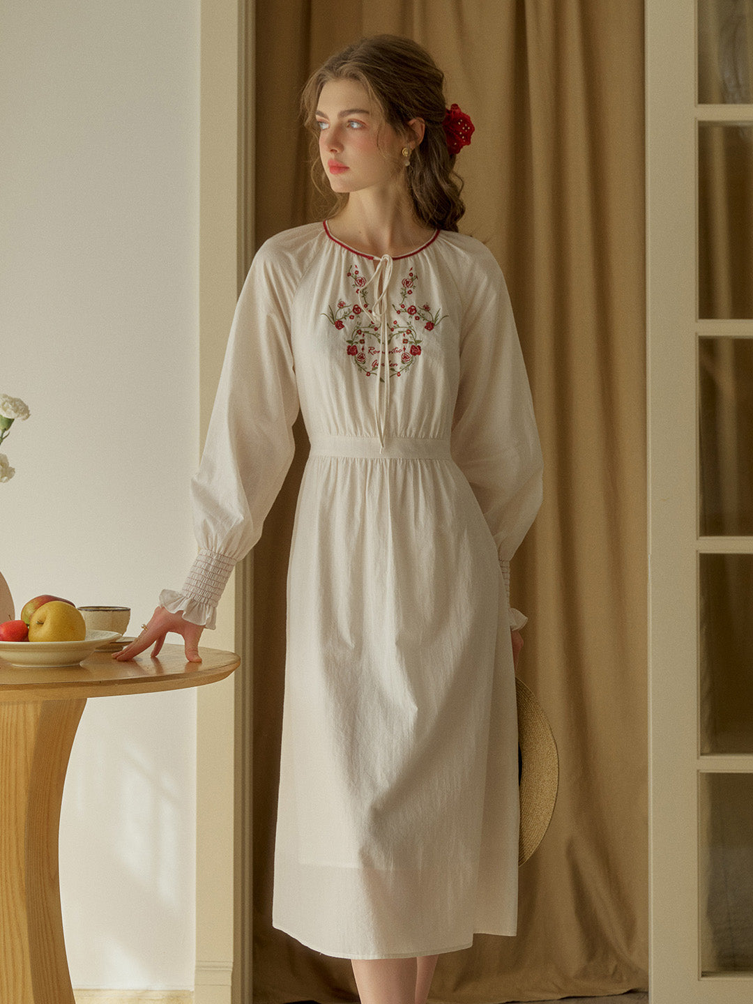 Zinnia Round Neck Rose Embroidered Dress