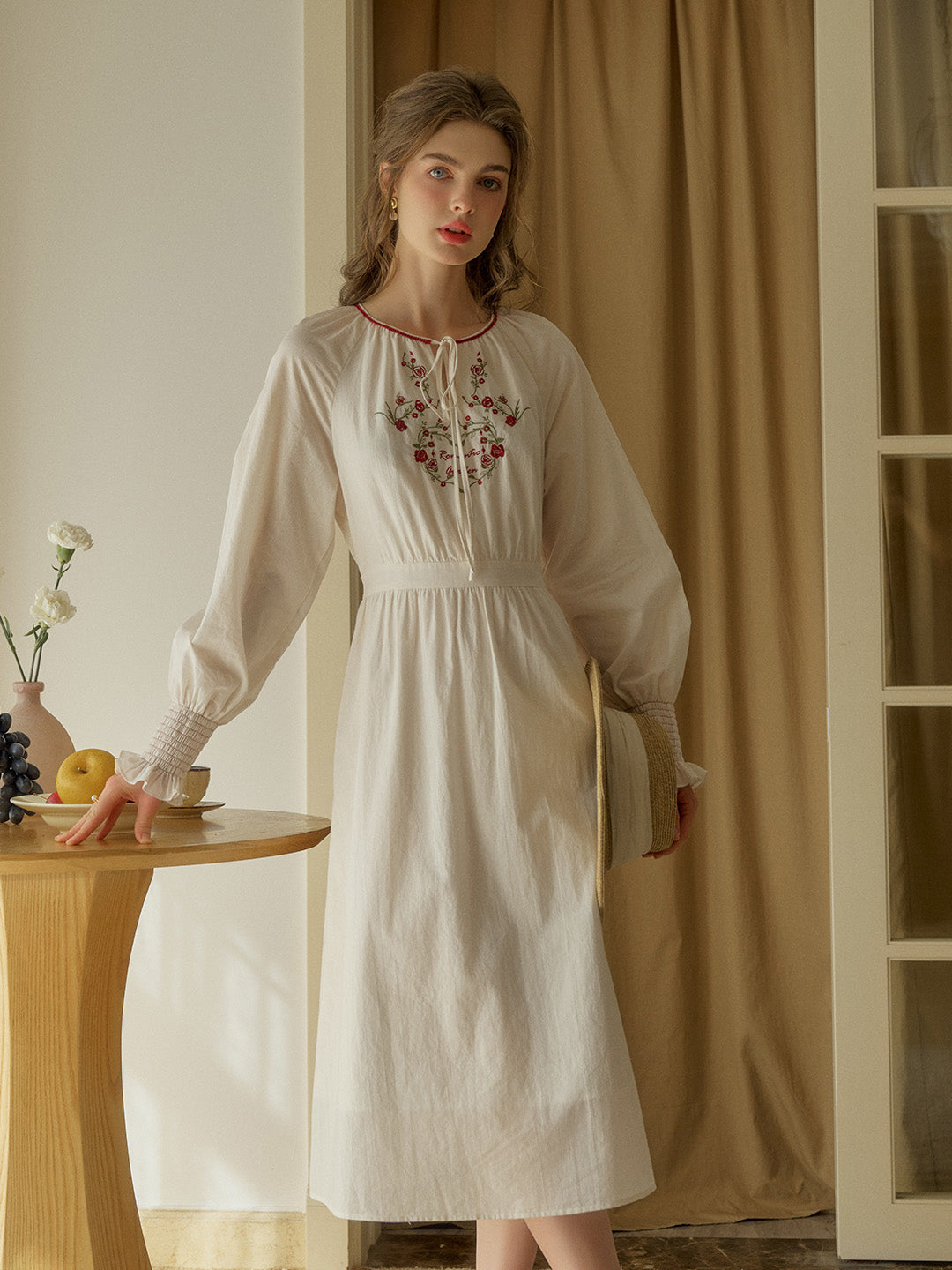 Zinnia Round Neck Rose Embroidered Dress