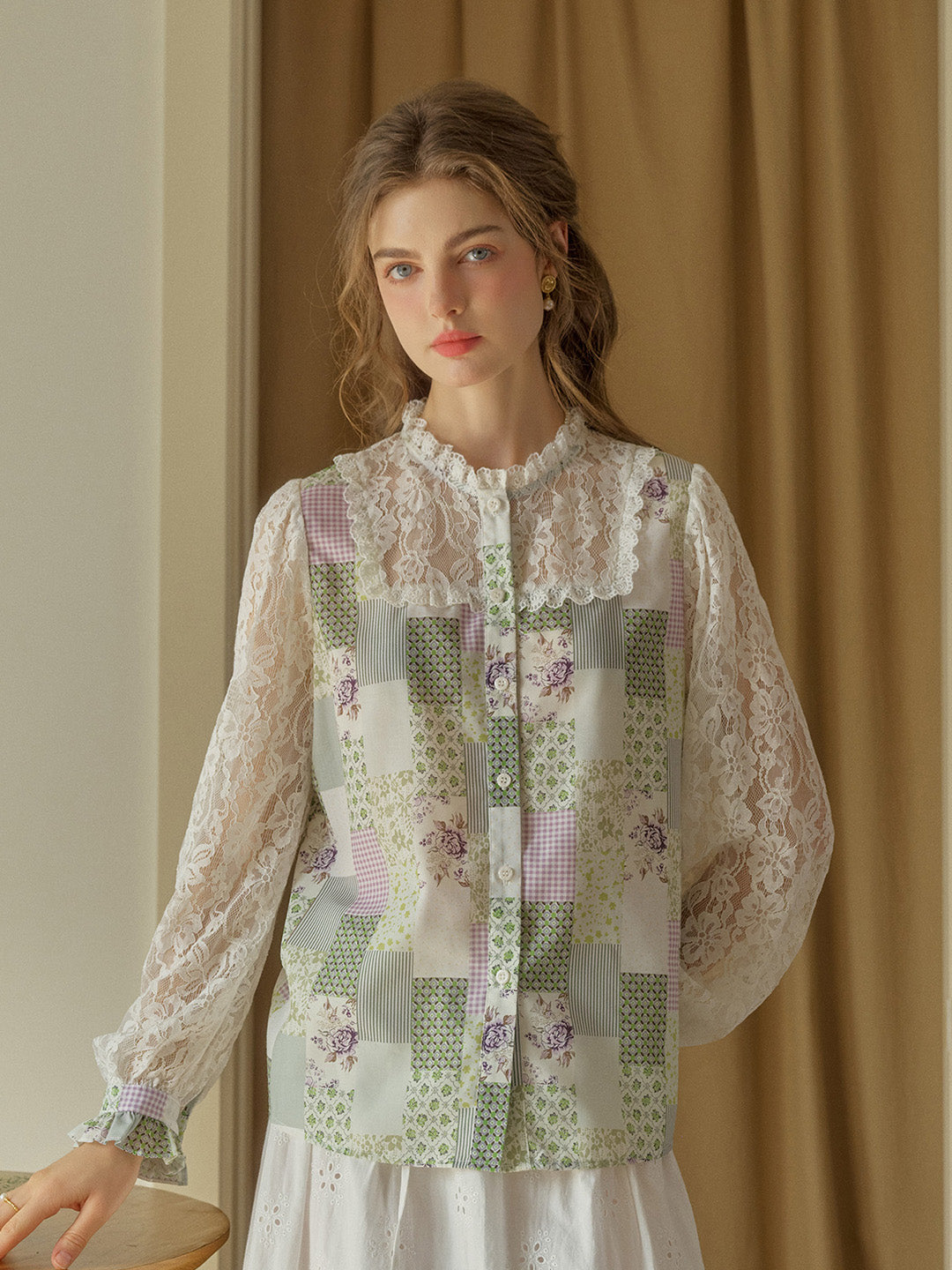 Vivienne Lace Collar Patchwork Blouse - Green