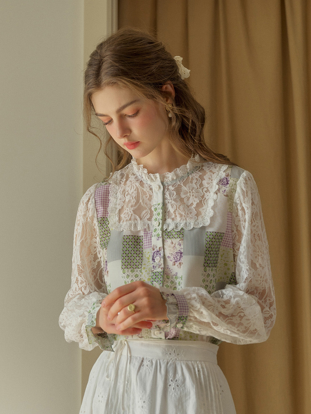 Vivienne Lace Collar Patchwork Blouse - Green