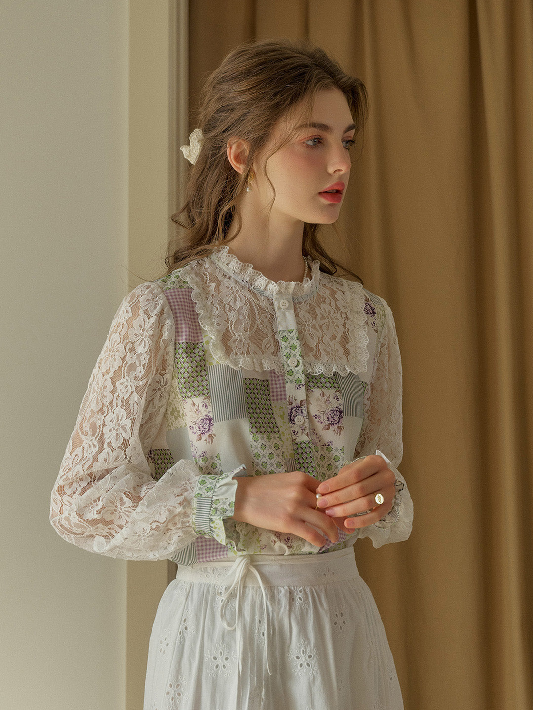 Vivienne Lace Collar Patchwork Blouse - Green