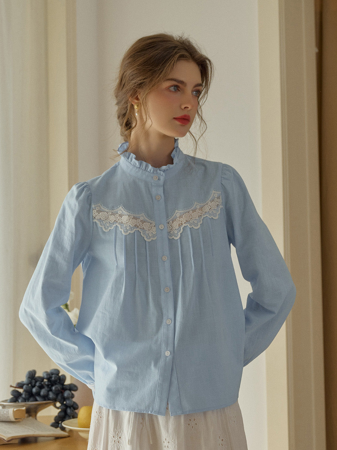 Kitty Wavy Stand Collar Lace Blouse - Blue