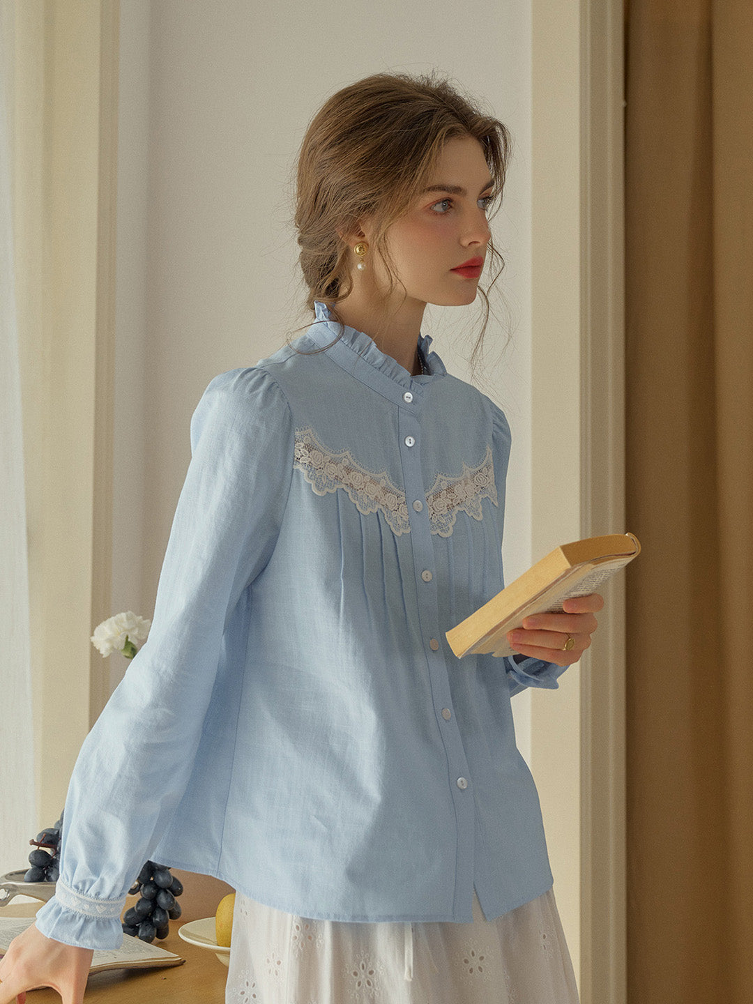 Kitty Wavy Stand Collar Lace Blouse - Blue