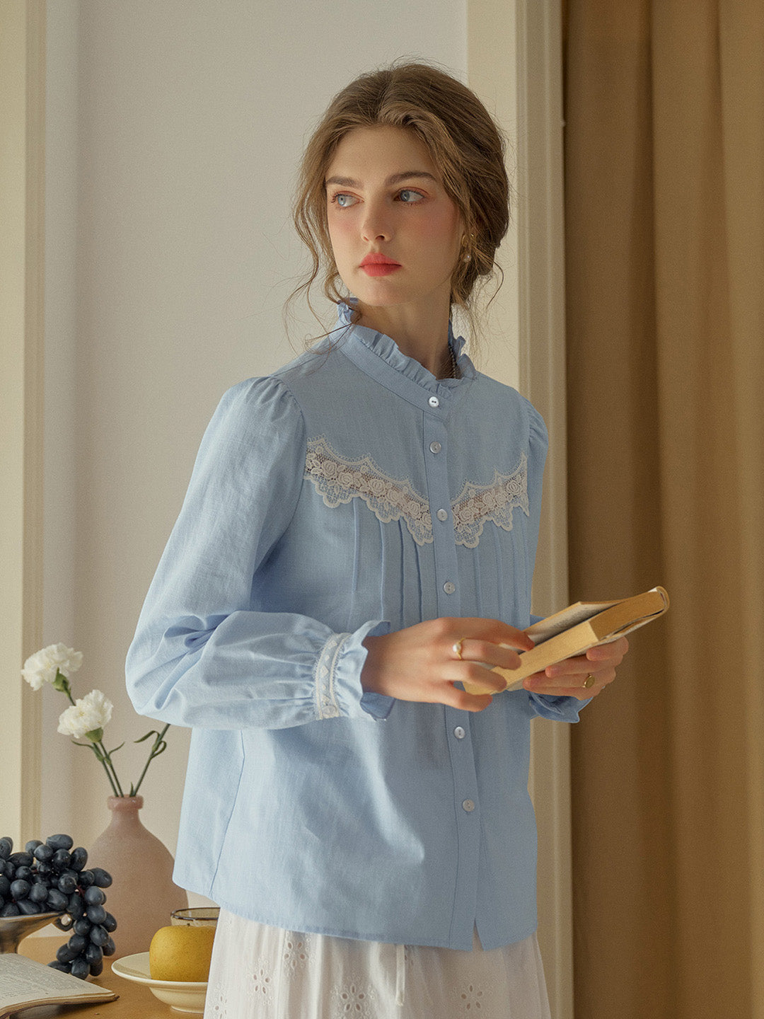 Kitty Wavy Stand Collar Lace Blouse - Blue