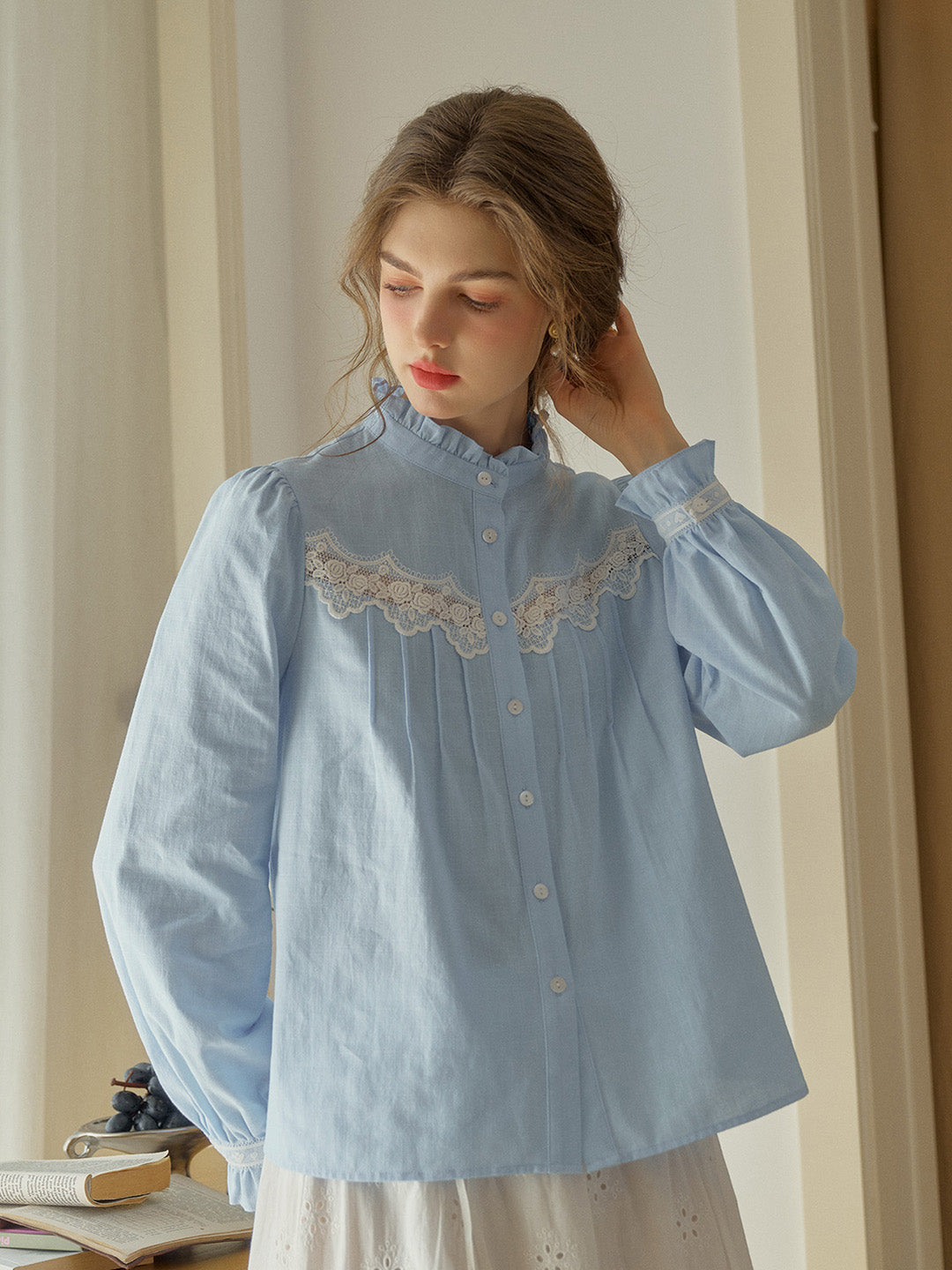 Kitty Wavy Stand Collar Lace Blouse - Blue