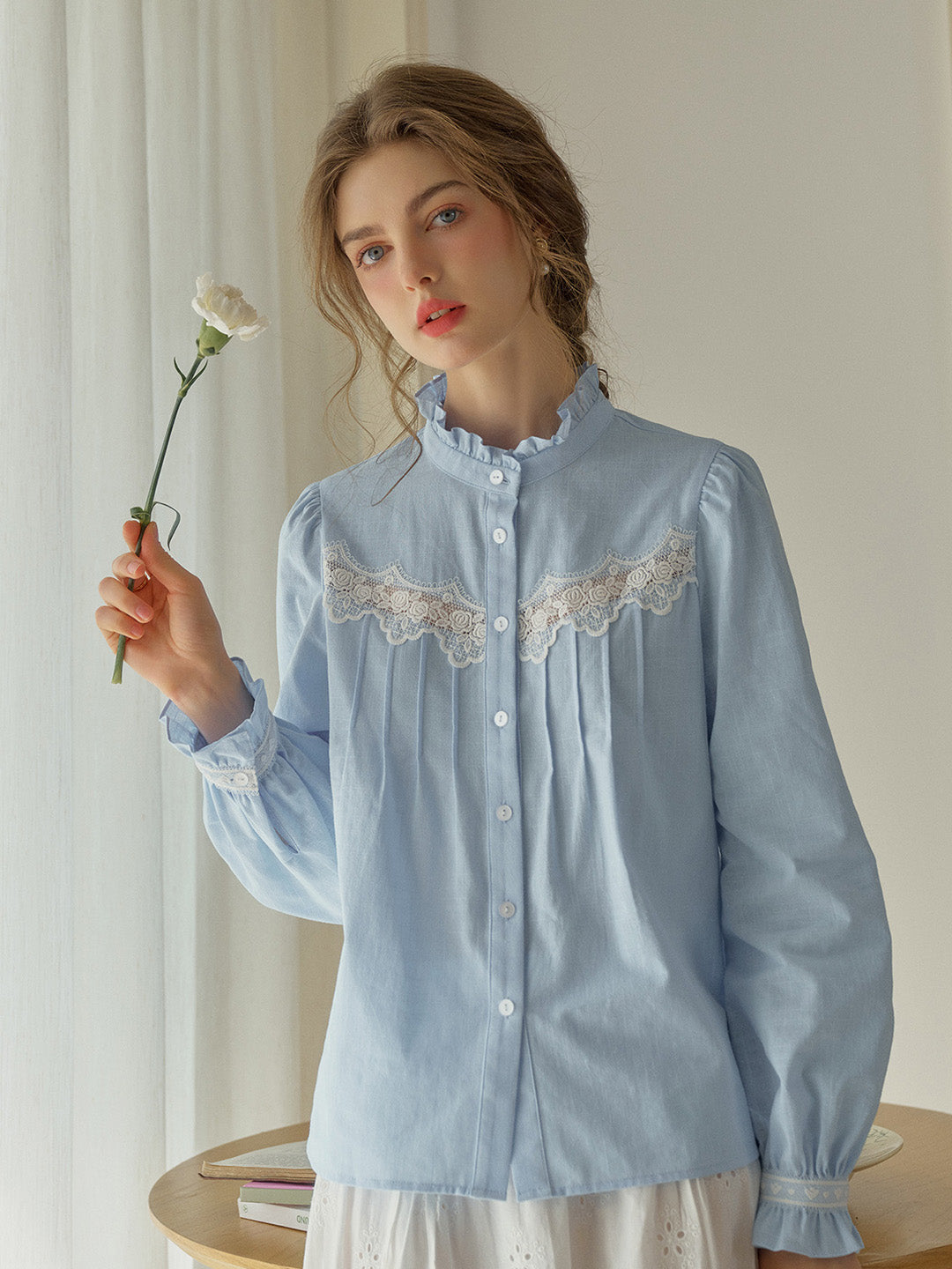 Kitty Wavy Stand Collar Lace Blouse - Blue