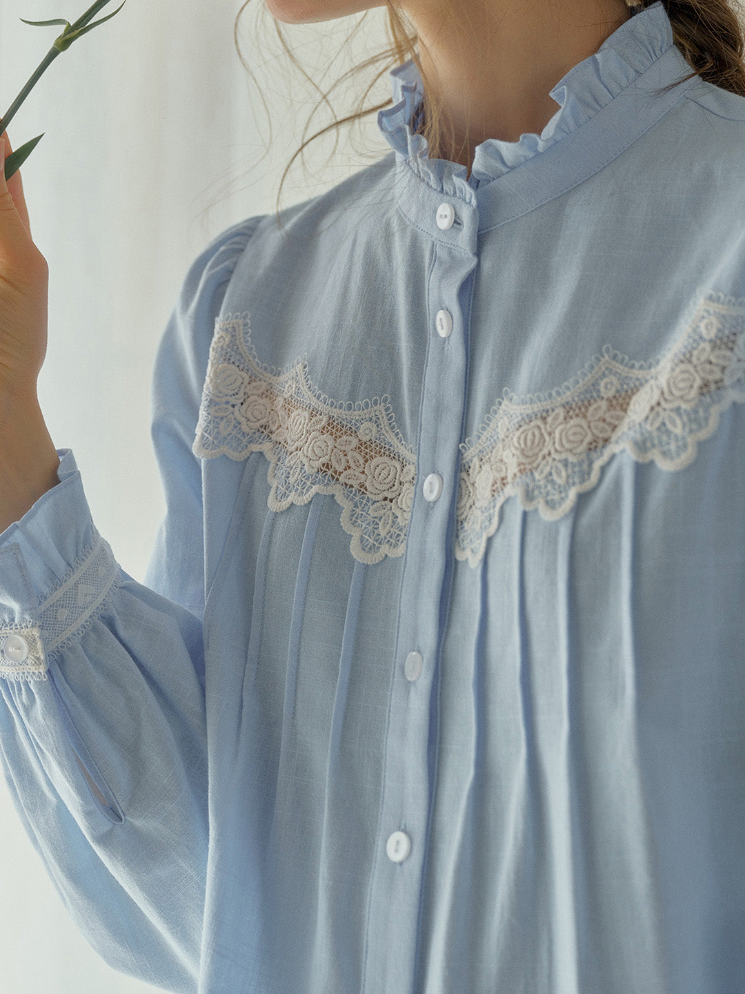 Kitty Wavy Stand Collar Lace Blouse - Blue