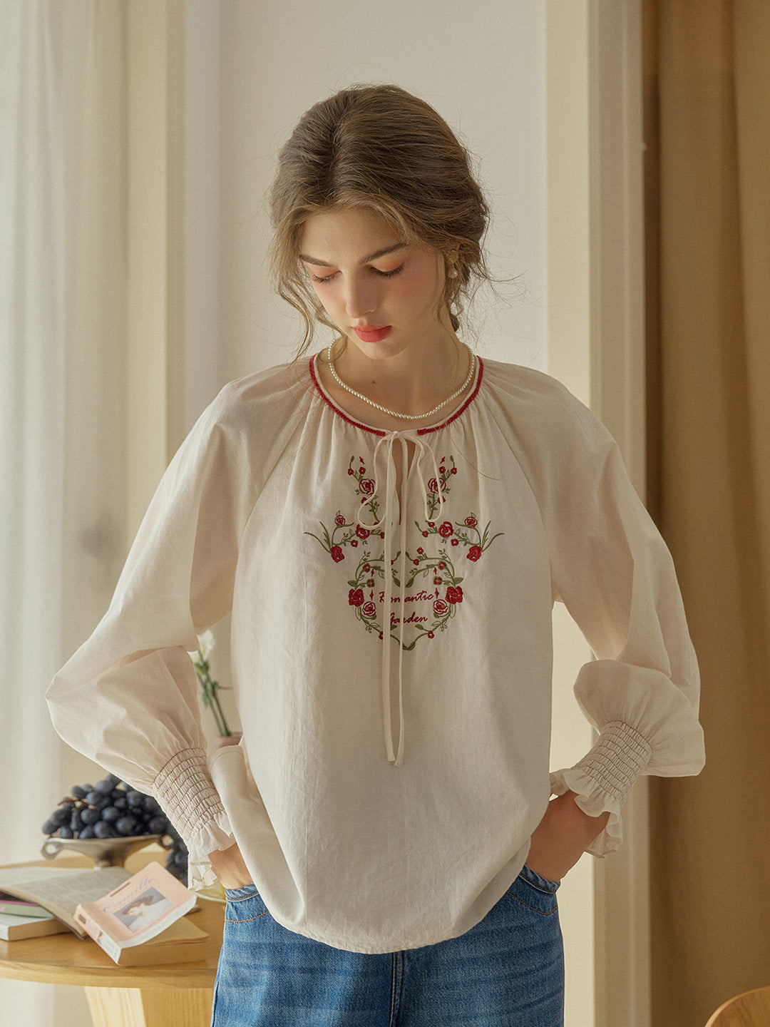 Chloris Round Neck Rose Embroidered Blouse