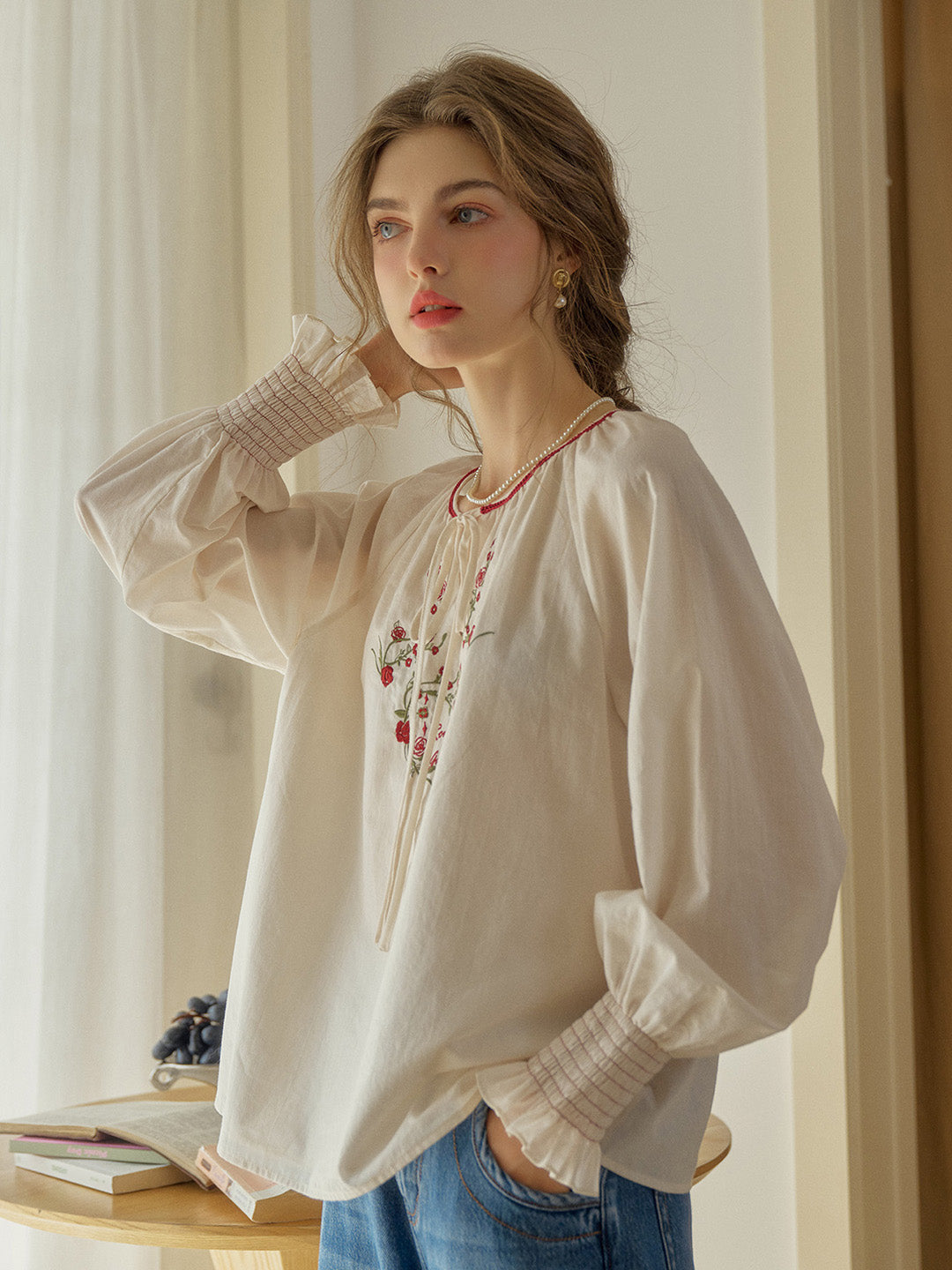 Chloris Round Neck Rose Embroidered Blouse