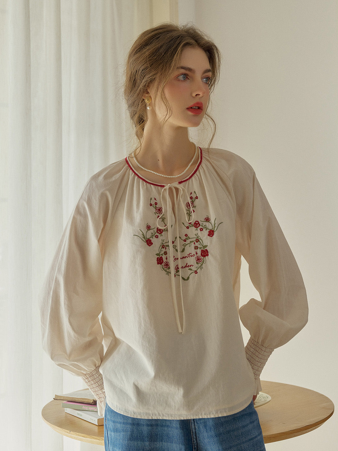 Chloris Round Neck Rose Embroidered Blouse