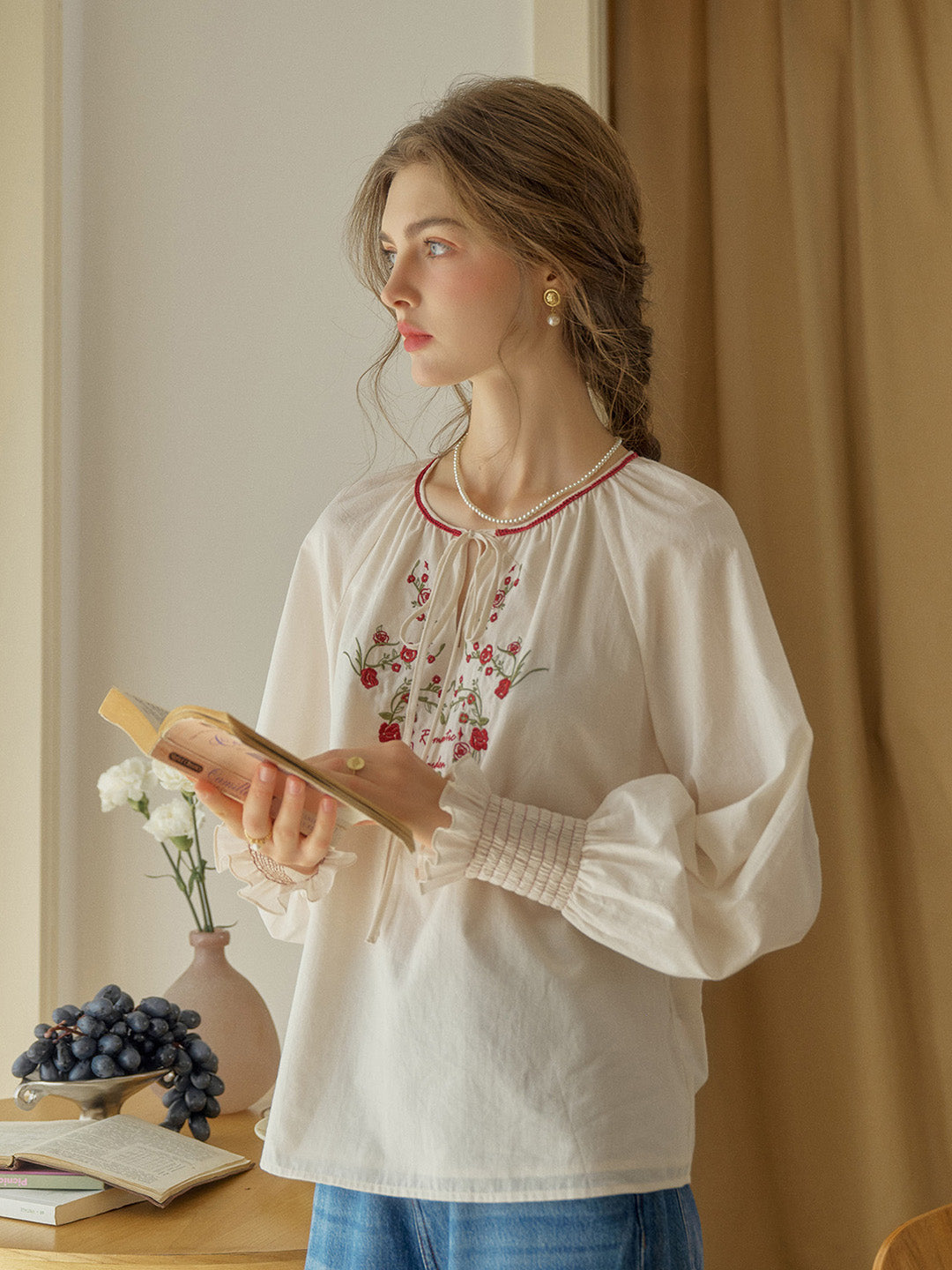 Chloris Round Neck Rose Embroidered Blouse