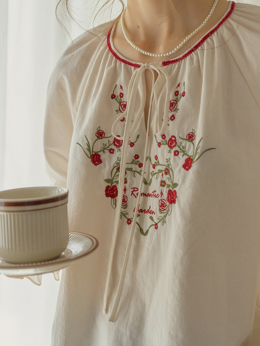 Chloris Round Neck Rose Embroidered Blouse