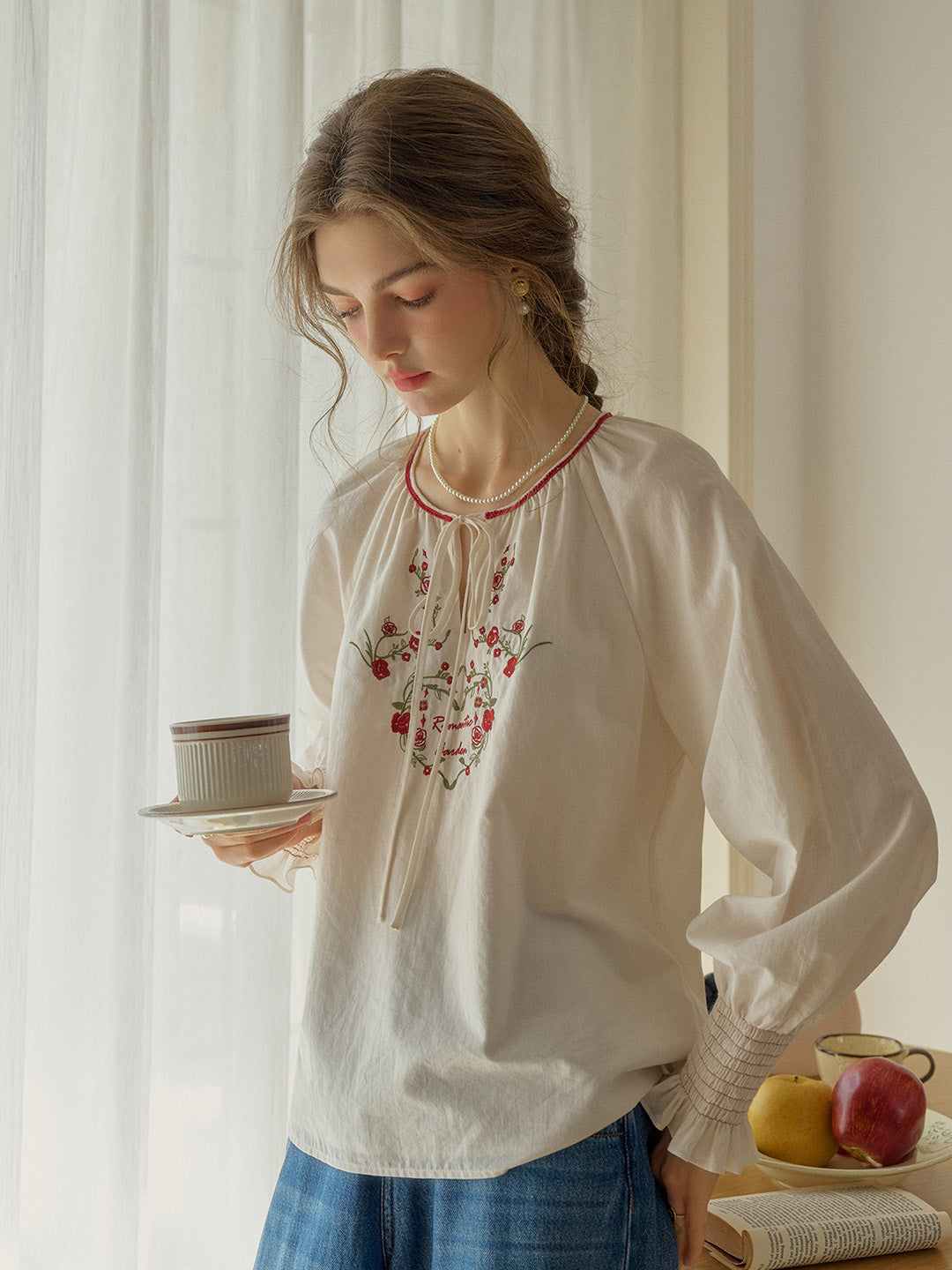 Chloris Round Neck Rose Embroidered Blouse