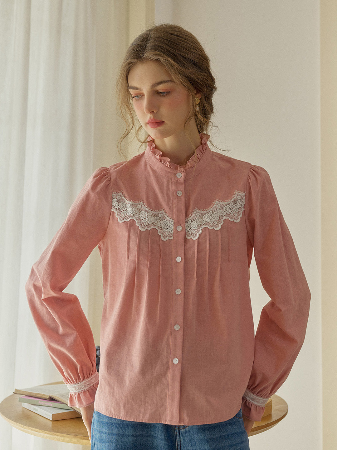 Kitty Wavy Stand Collar Lace Blouse - Blue