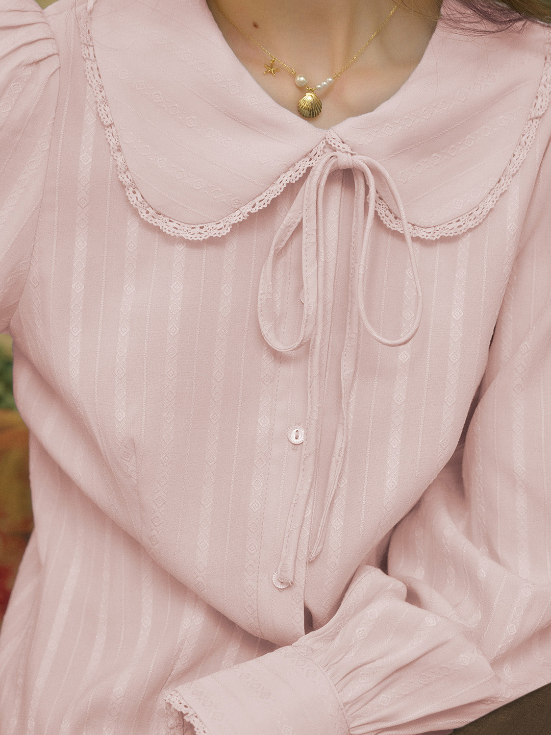 【Final Sale】Addilyn Romantic Doll Collar Lace Stitching Tie Eedwardian Style Blouse - Pink