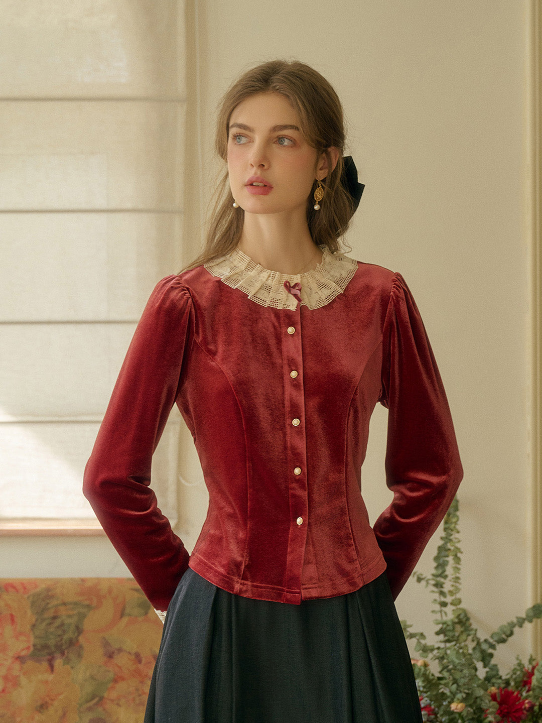 Azaria Round Collar Contrasting Lace Panel Bow Velvet Top - Rust Red