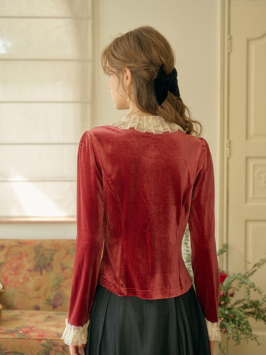 Azaria Round Collar Contrasting Lace Panel Bow Velvet Top - Rust Red