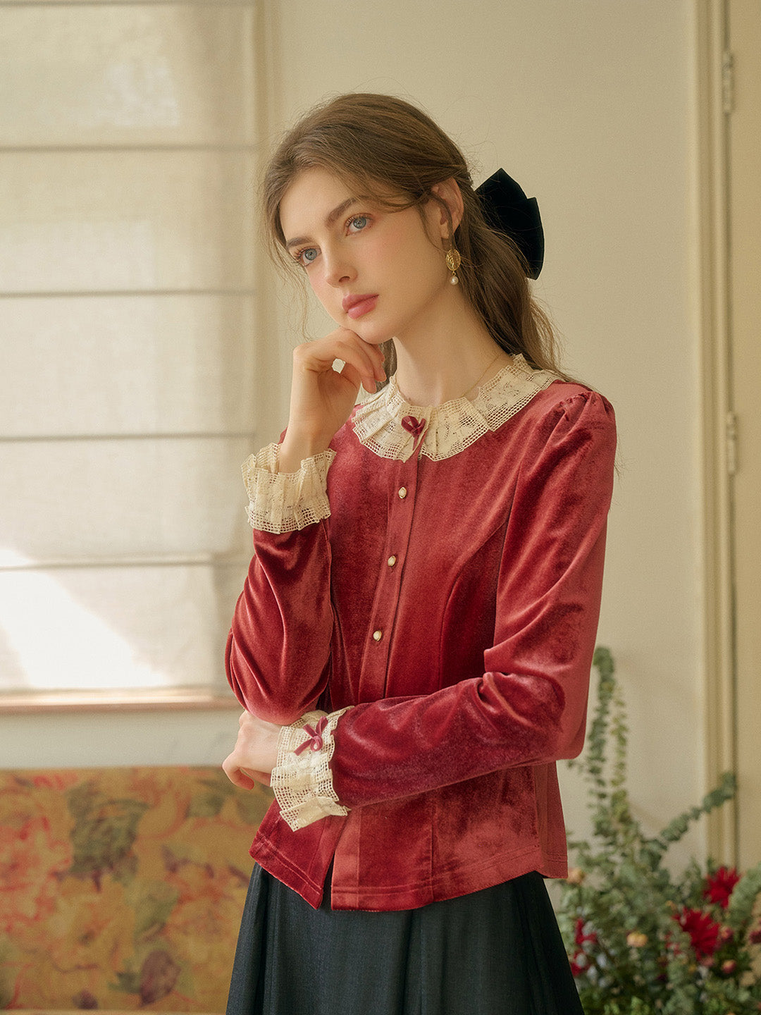 Azaria Round Collar Contrasting Lace Panel Bow Velvet Top - Rust Red