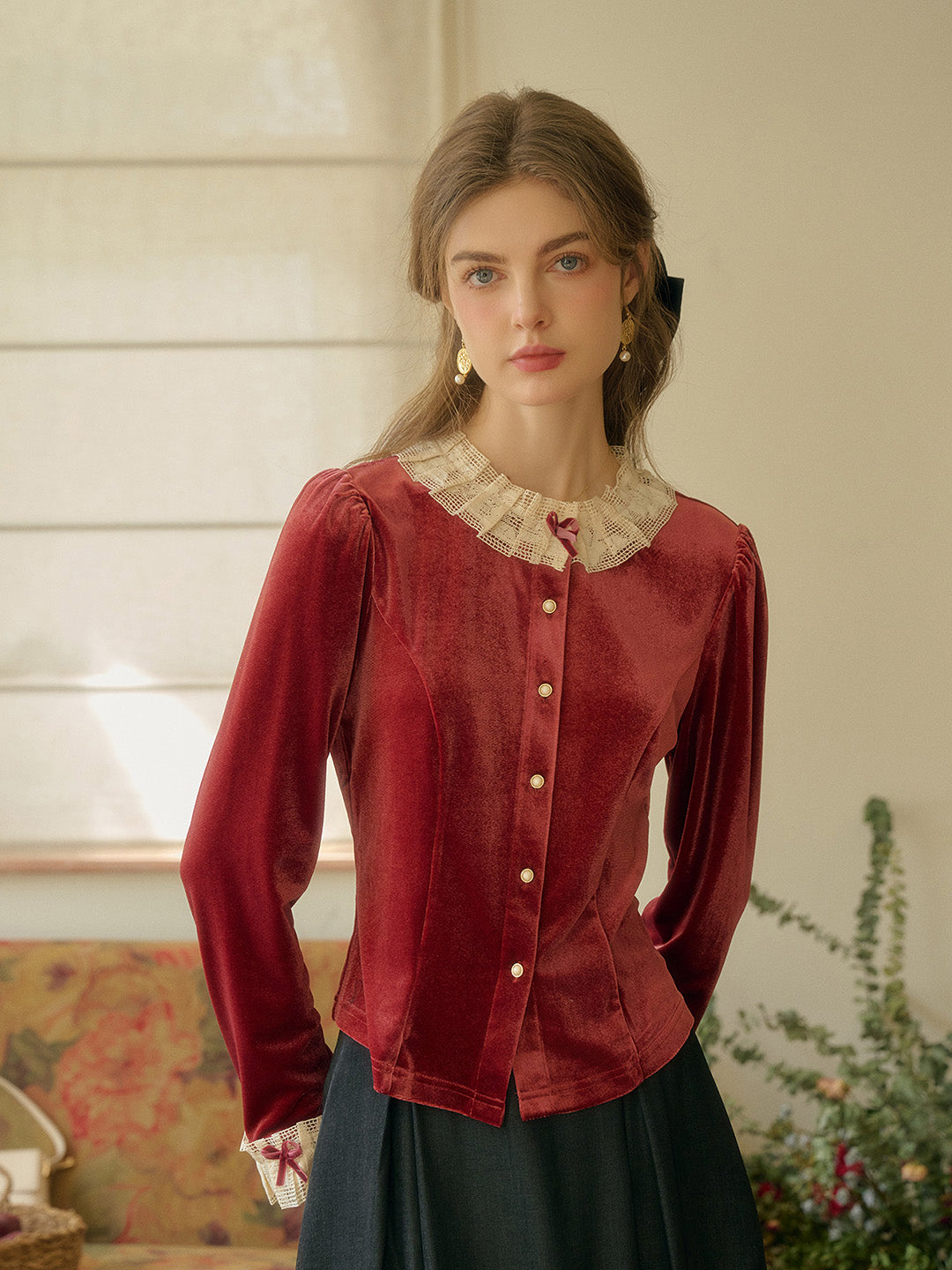 Azaria Round Collar Contrasting Lace Panel Bow Velvet Top - Rust Red