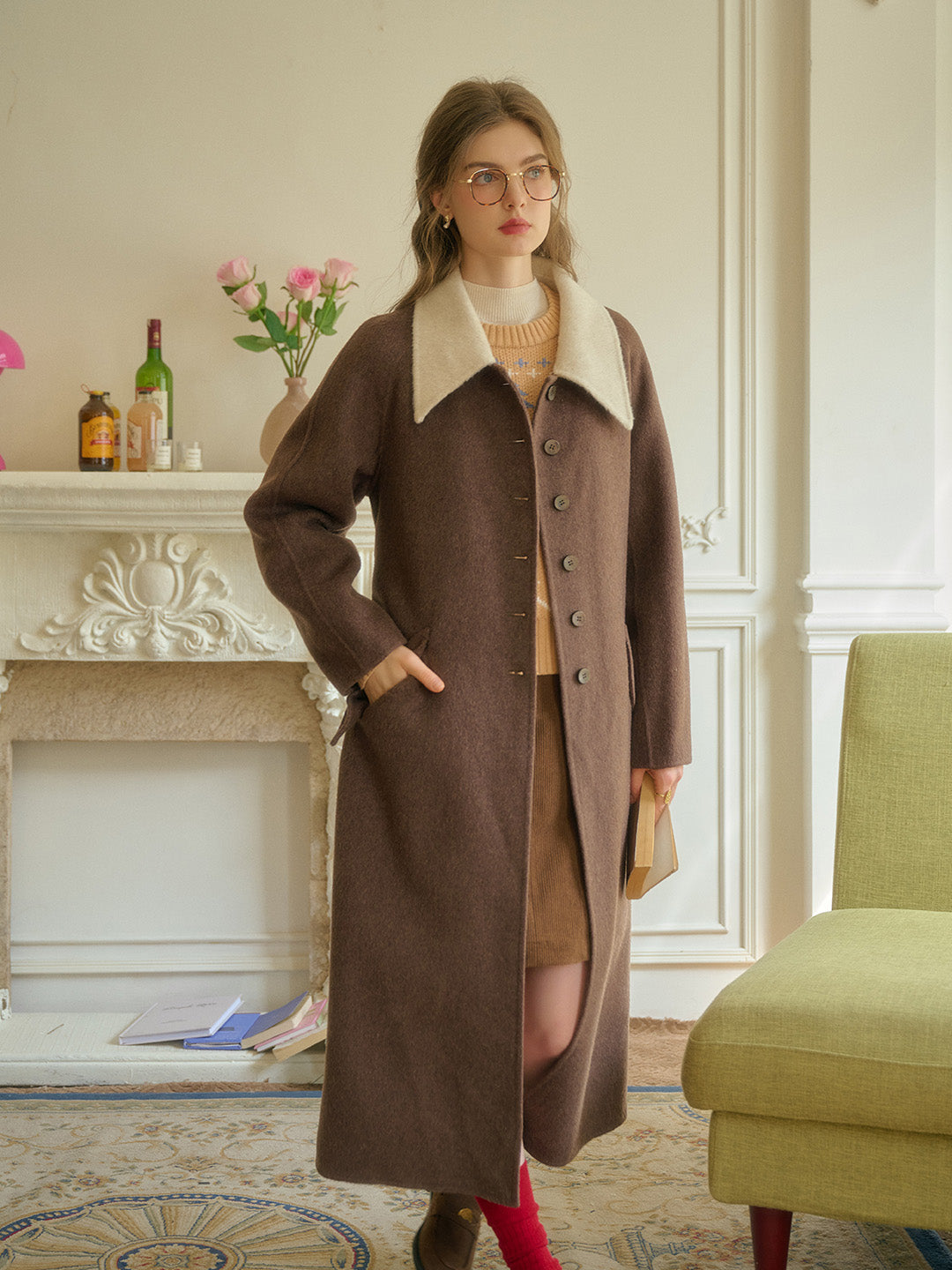 Remy Notched Lapel Contrasting Wool Cashmere Coat