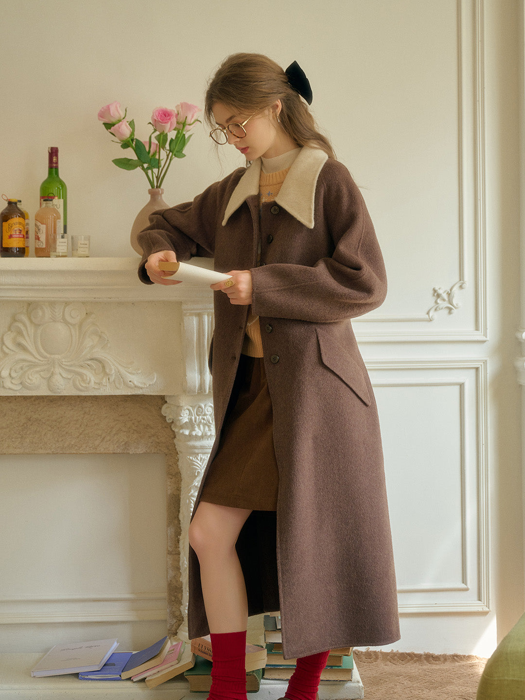 Remy Notched Lapel Contrasting Wool Cashmere Coat