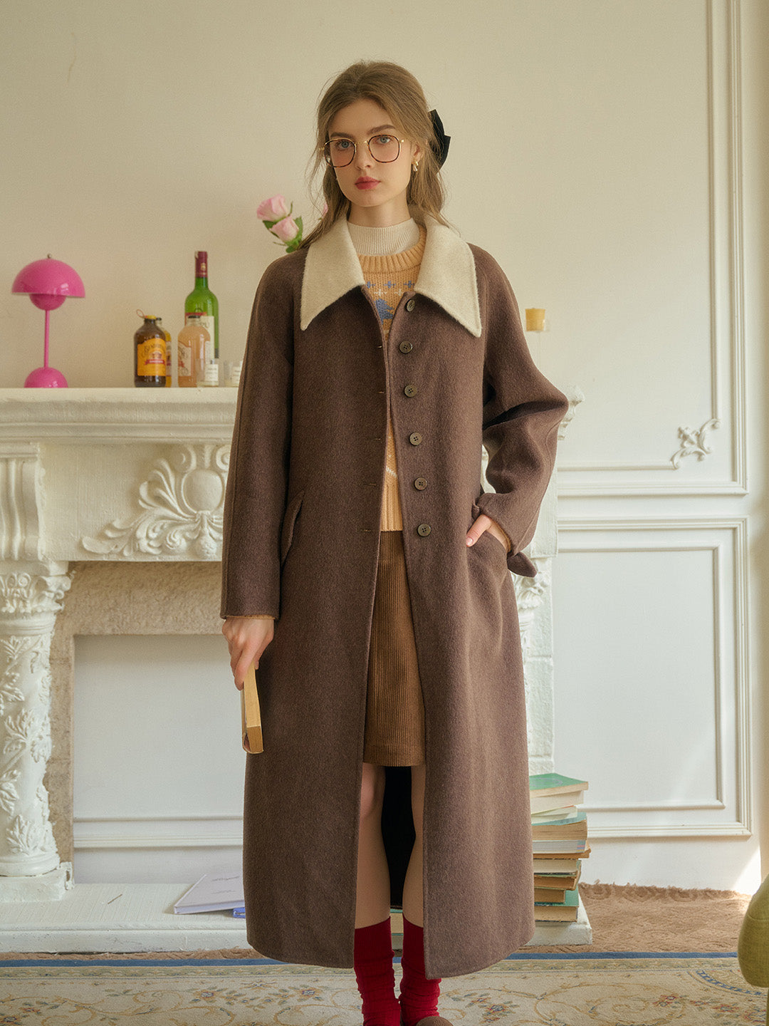 Remy Notched Lapel Contrasting Wool Cashmere Coat