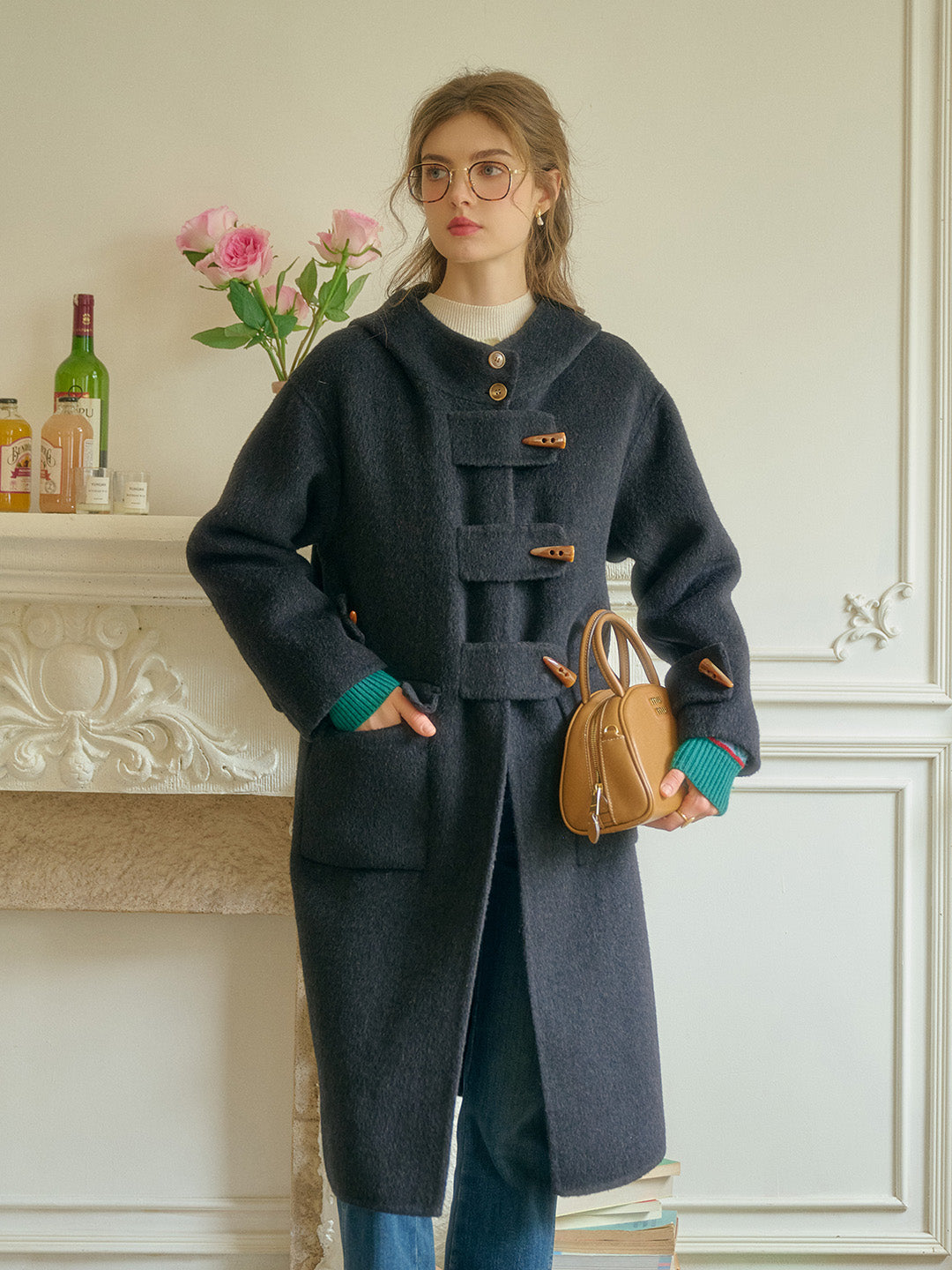 Harper Horn Button Long Vintage Wool Coat