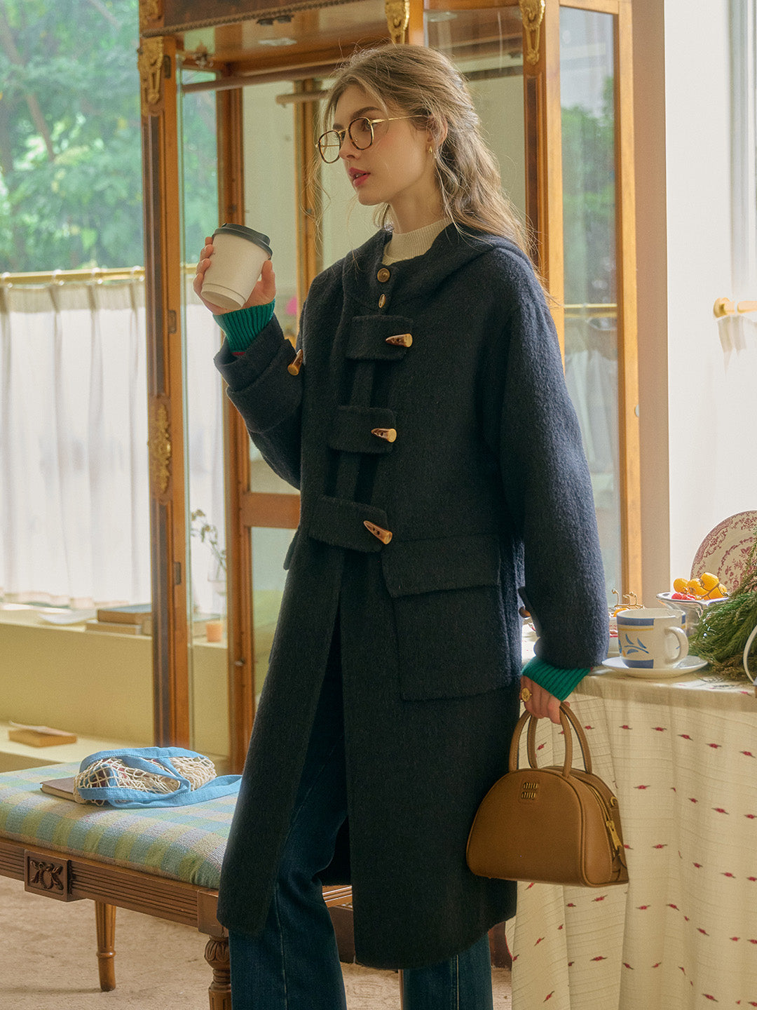 Harper Horn Button Long Vintage Wool Coat