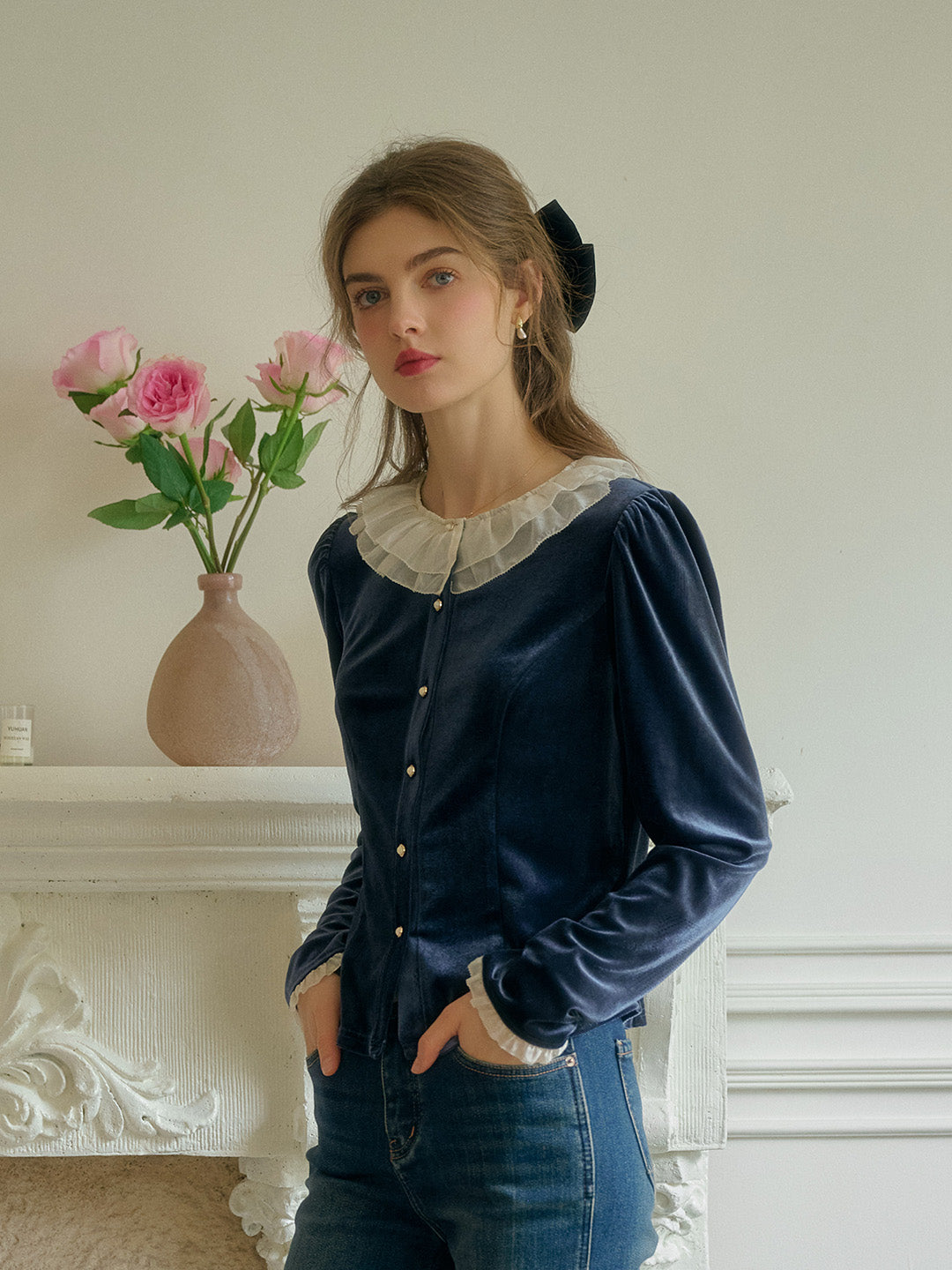 Azaria Lace Collar Contrasting Velvet Top - Blue