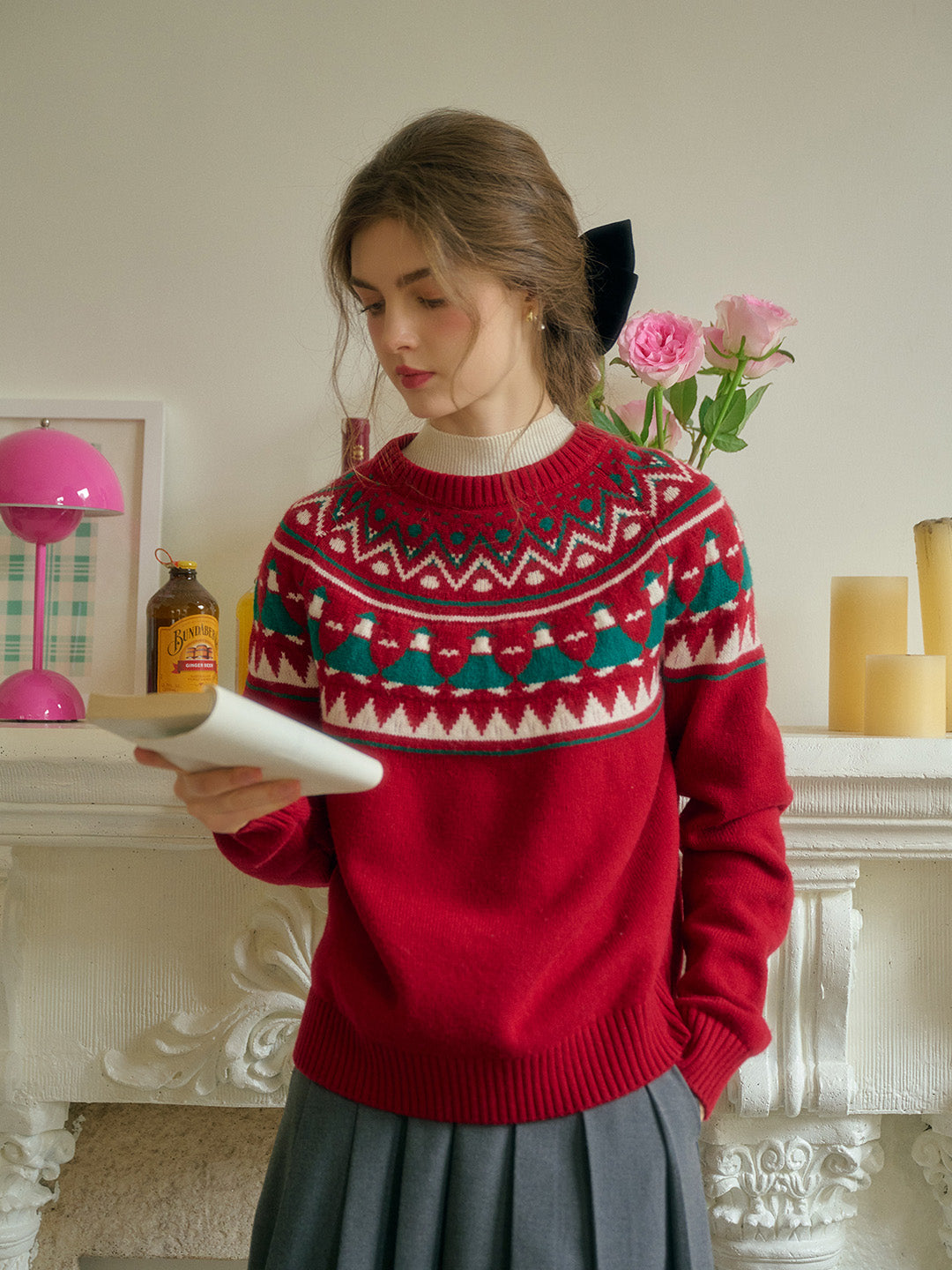 Natalie Fair Isle Round Neck Christmas Pattern Wool Sweater - Red