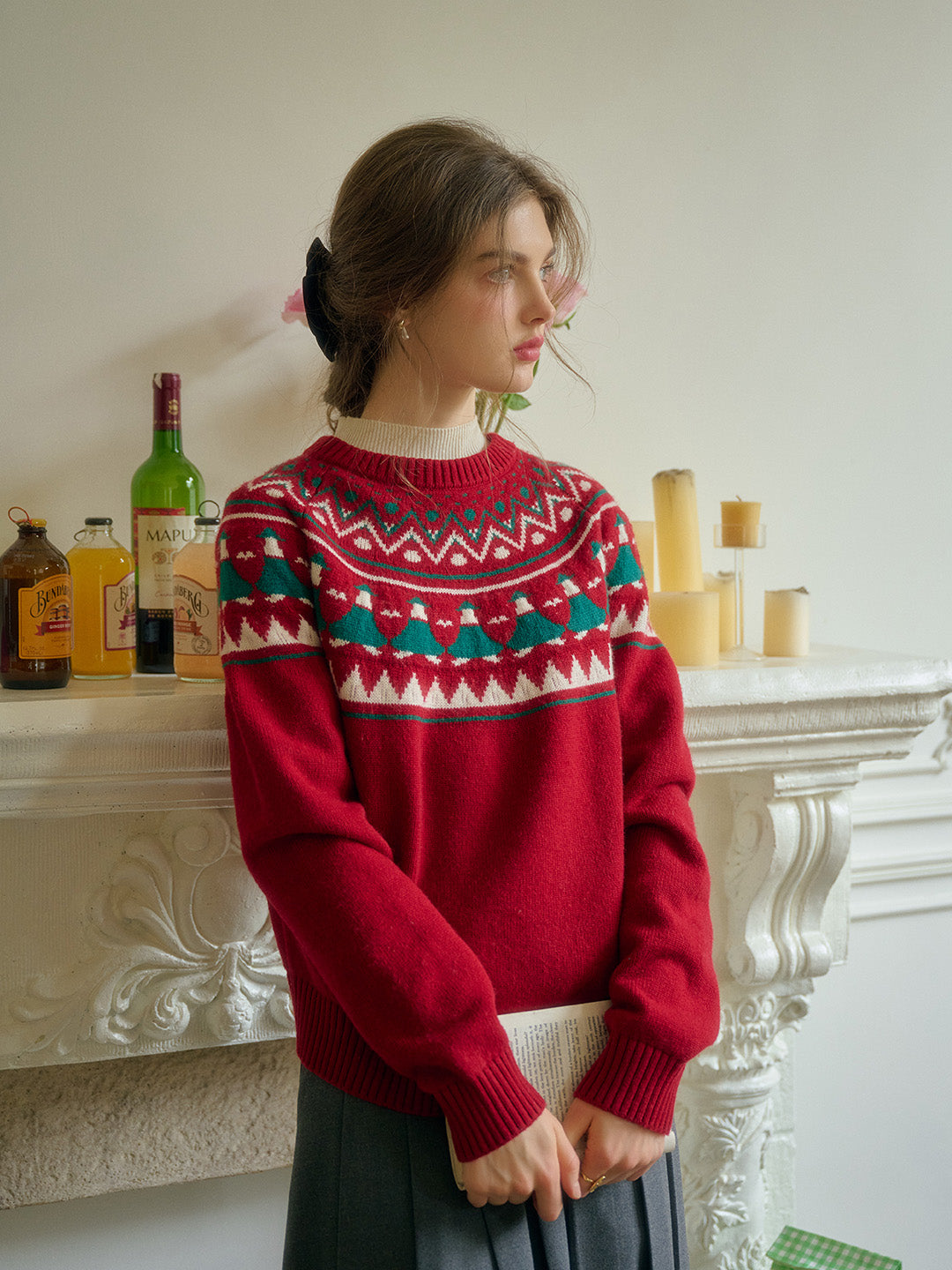 Natalie Fair Isle Round Neck Christmas Pattern Wool Sweater - Red