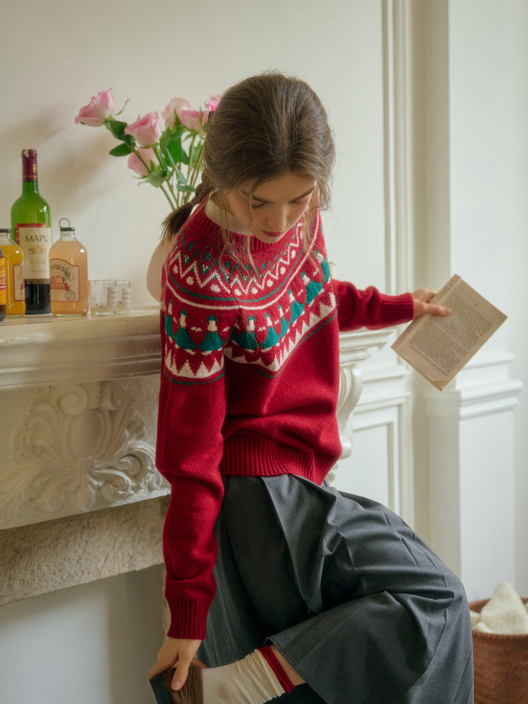 Natalie Fair Isle Round Neck Christmas Pattern Wool Sweater - Red