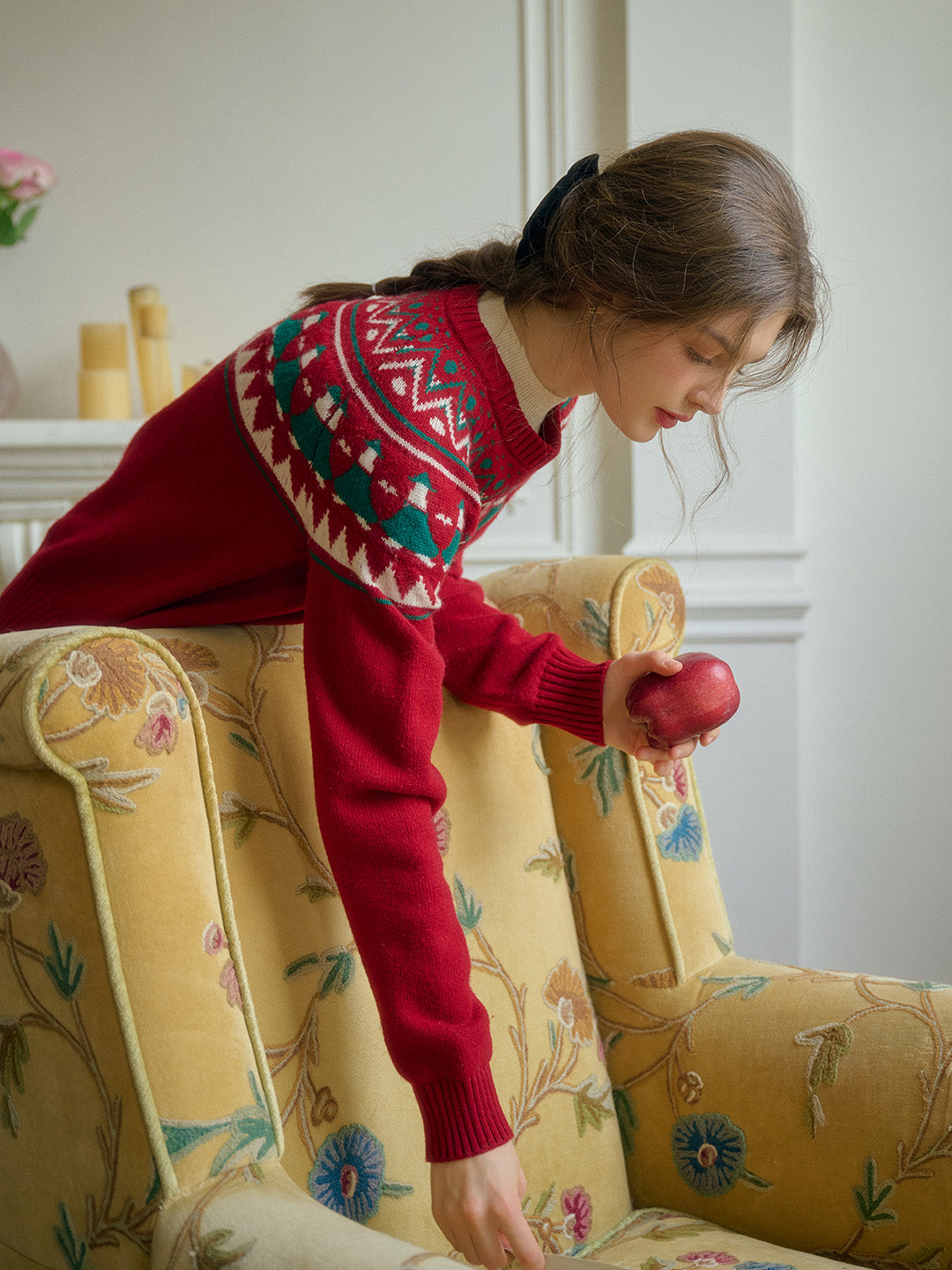 Natalie Fair Isle Round Neck Christmas Pattern Wool Sweater - Red