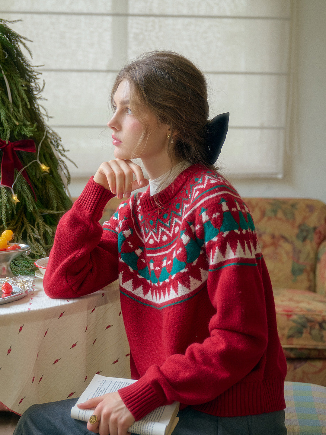 Natalie Fair Isle Round Neck Christmas Pattern Wool Sweater - Red