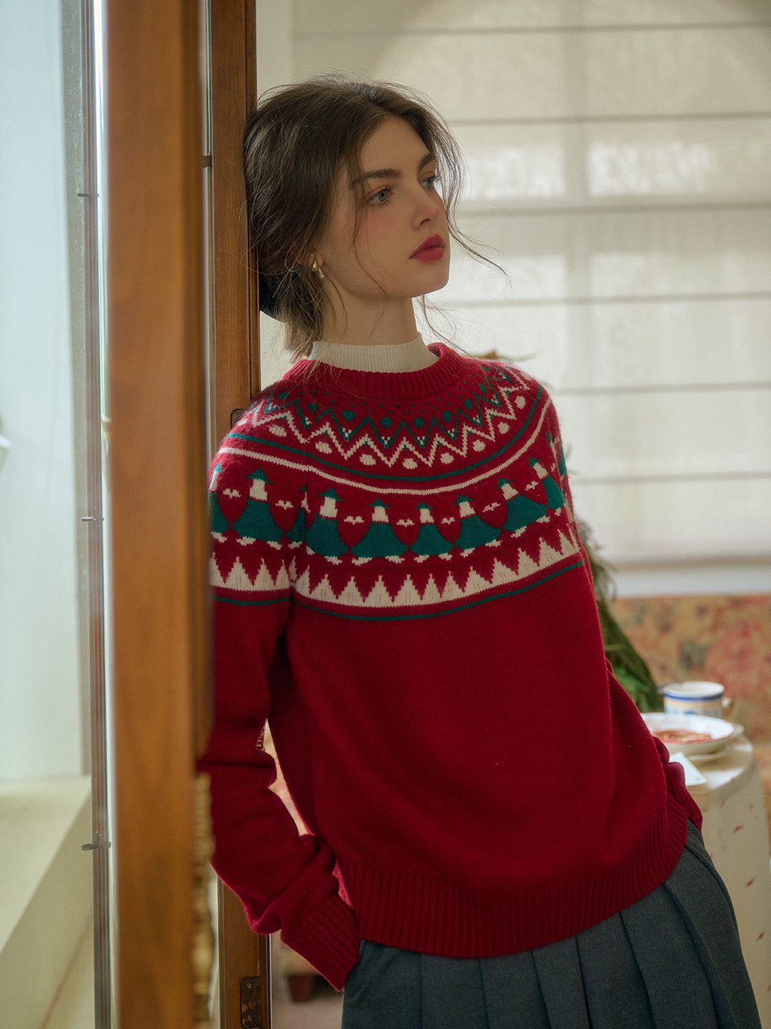 Natalie Fair Isle Round Neck Christmas Pattern Wool Sweater - Red