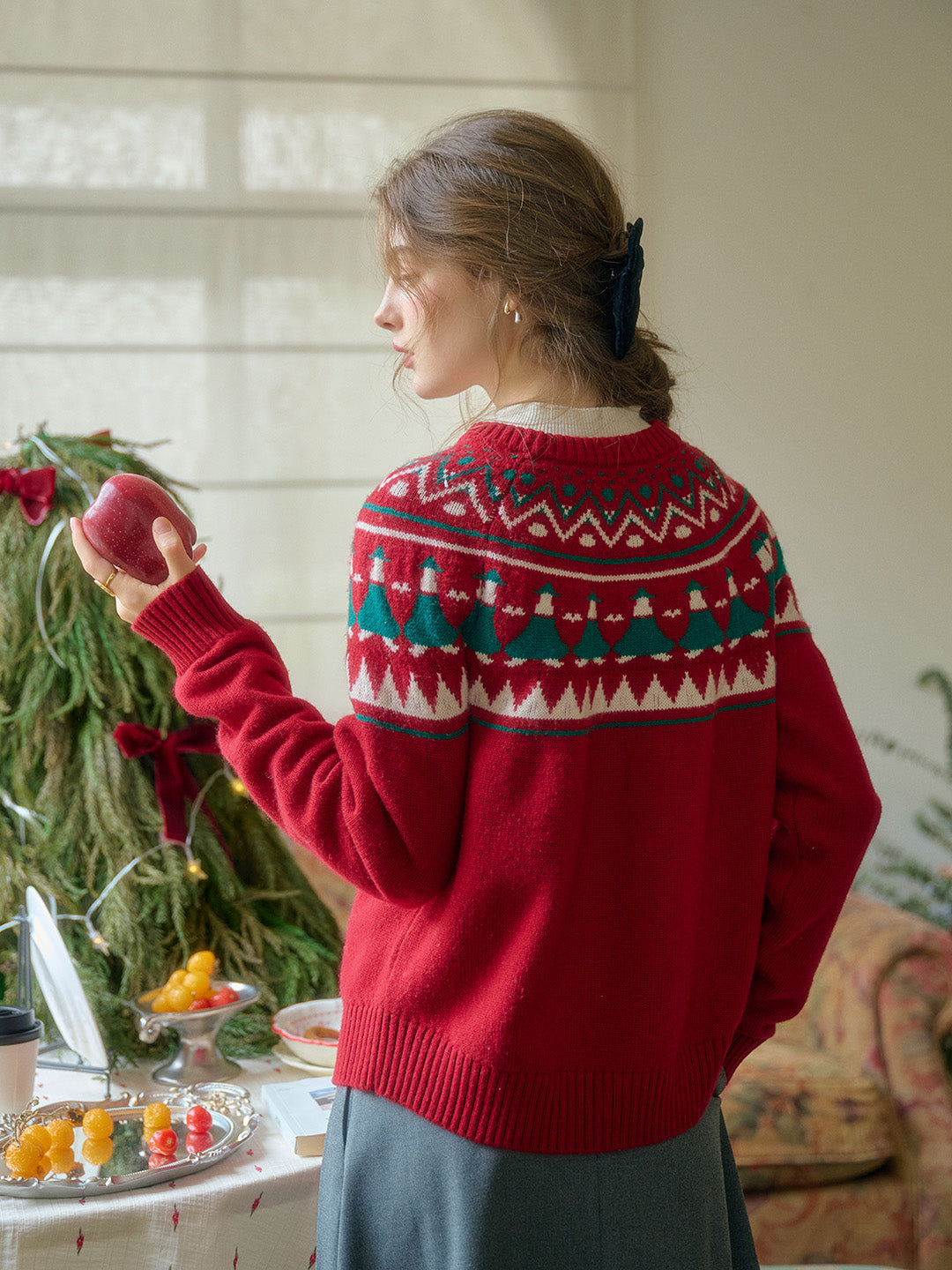 Natalie Fair Isle Round Neck Christmas Pattern Wool Sweater - Red