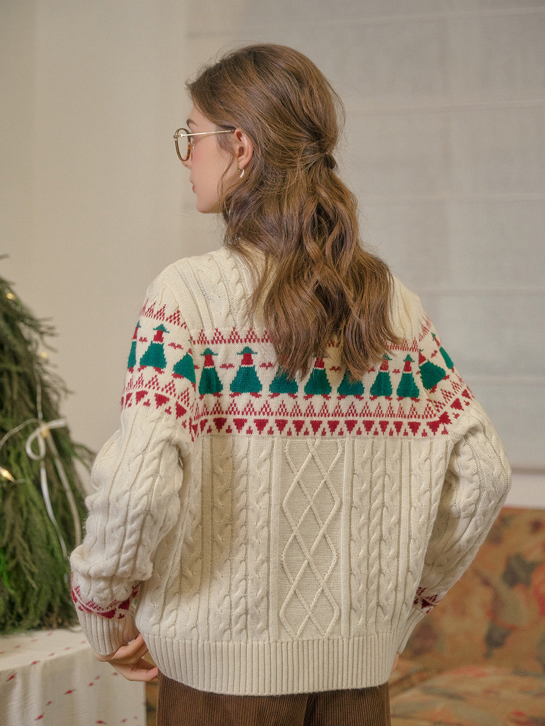 Charlize Fair Isle Ribbed Round Neck Christmas Pattern Wool Sweater - Apricot